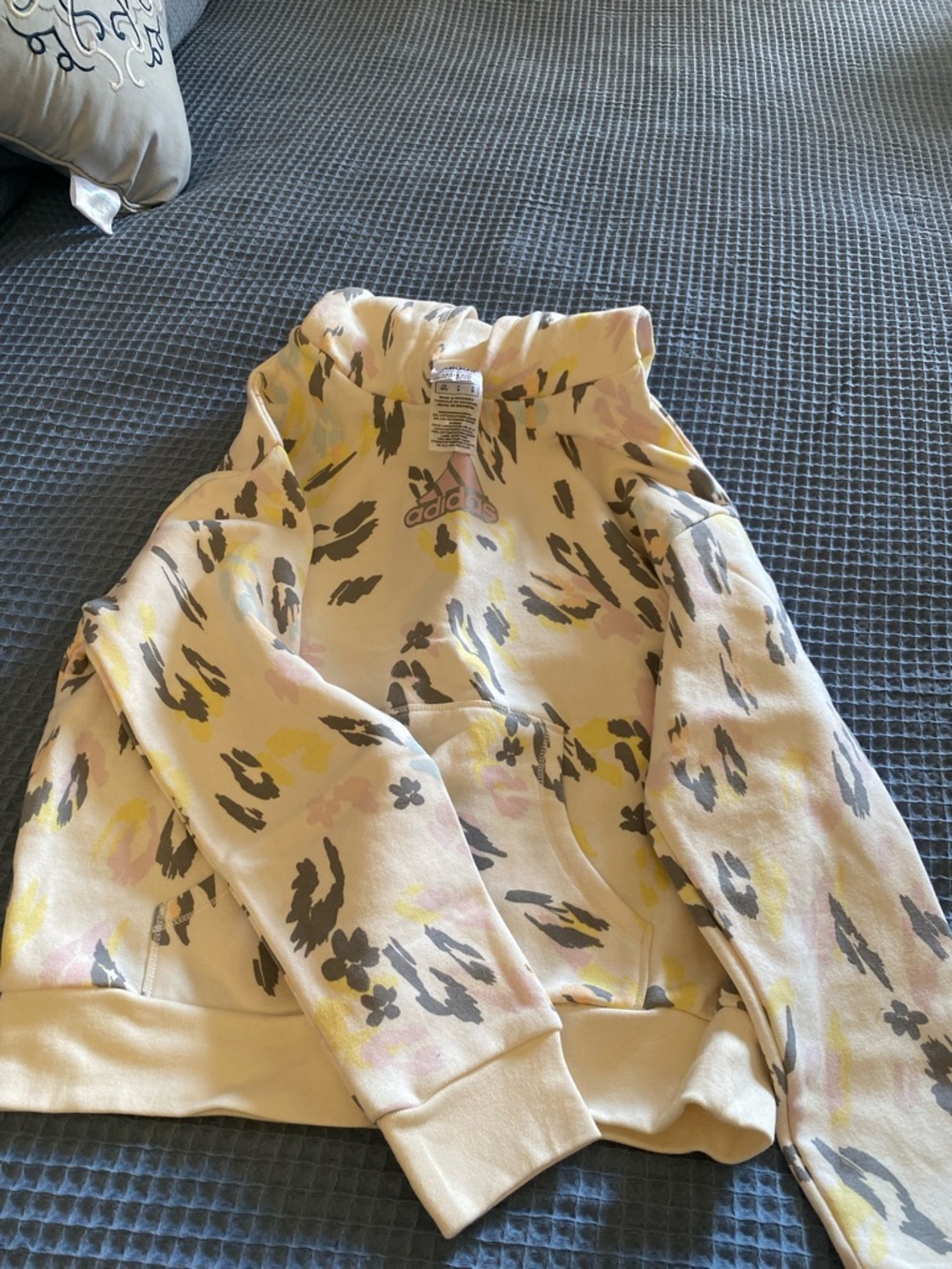 Adidas Cream Hoodie with Pink, Yellow & Gray Animal Print